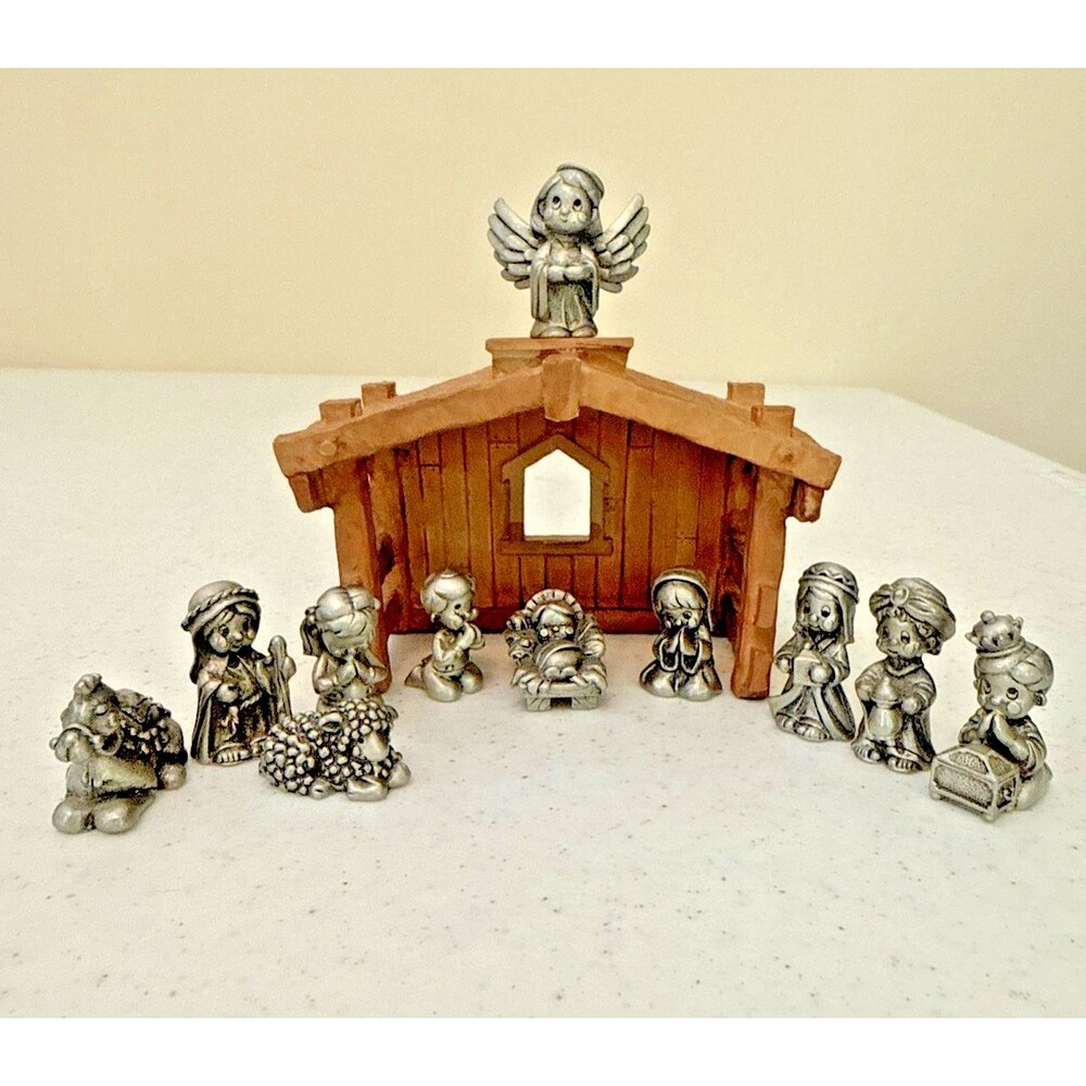Vtg 1983 Hudson Fine Pewter Precious Moments Nativity Set W/ Crache 12 Piece USA